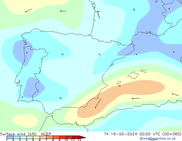 Vento 10 m (bft) NCEP gio 16.05.2024 00 UTC