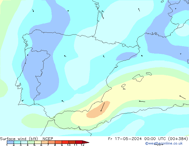 Surface wind (bft) NCEP Fr 17.05.2024 00 UTC