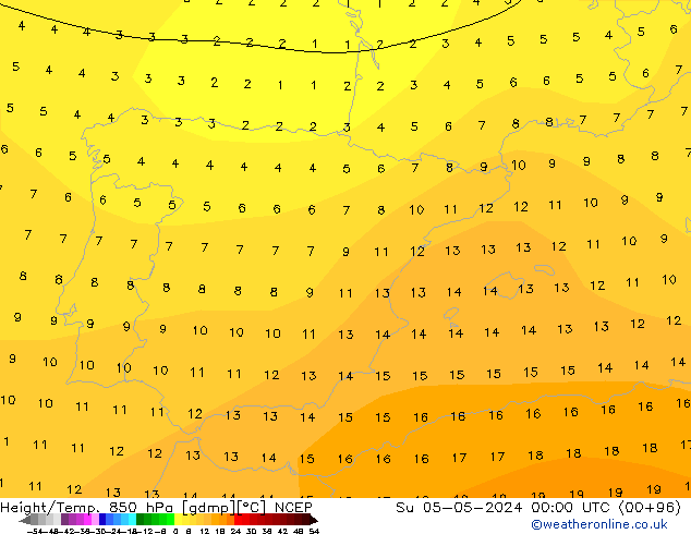 Height/Temp. 850 hPa NCEP So 05.05.2024 00 UTC