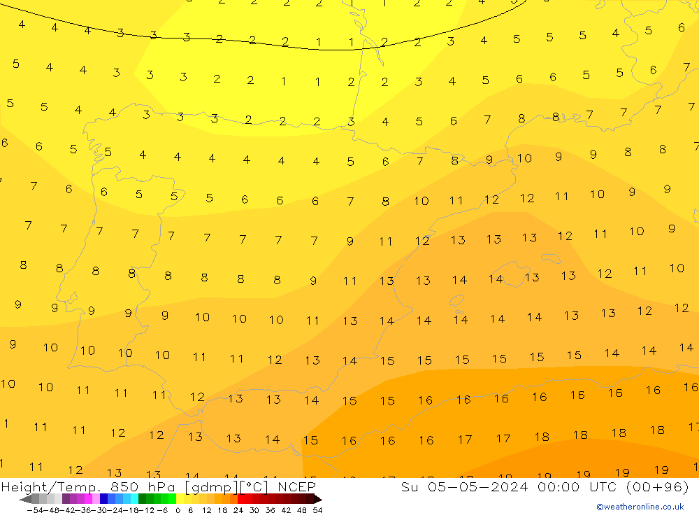 Height/Temp. 850 hPa NCEP Su 05.05.2024 00 UTC