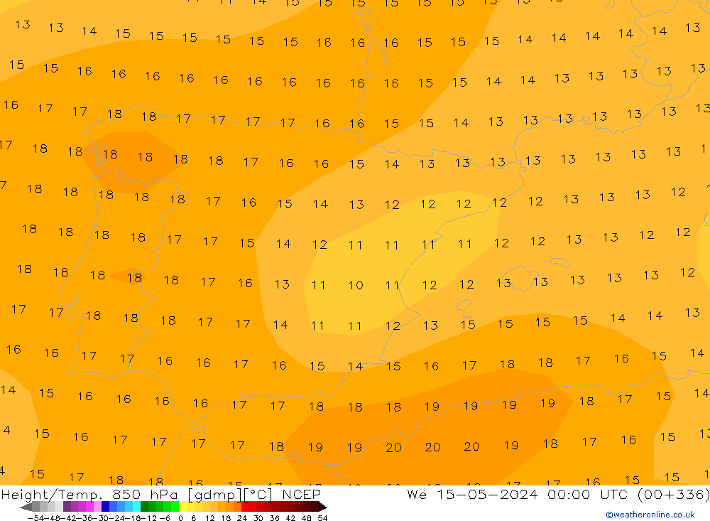 Height/Temp. 850 hPa NCEP Qua 15.05.2024 00 UTC