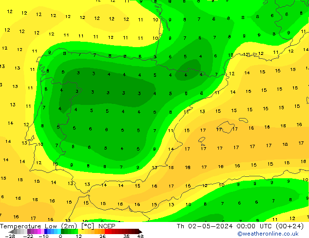 Min.temperatuur (2m) NCEP do 02.05.2024 00 UTC