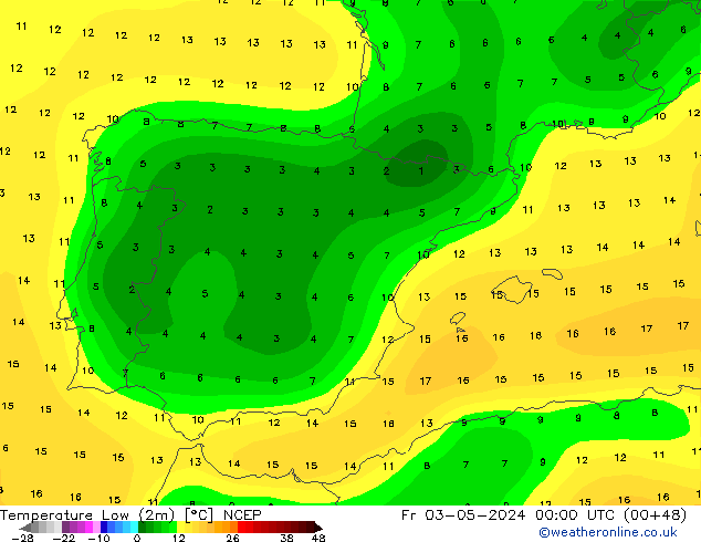 Min.temperatuur (2m) NCEP vr 03.05.2024 00 UTC