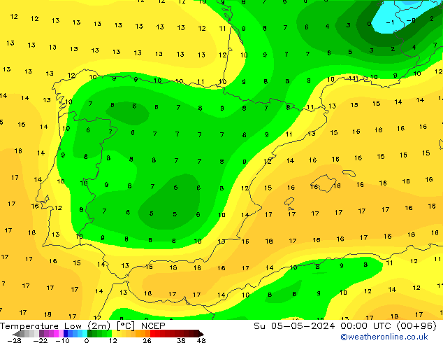 Temperature Low (2m) NCEP Su 05.05.2024 00 UTC