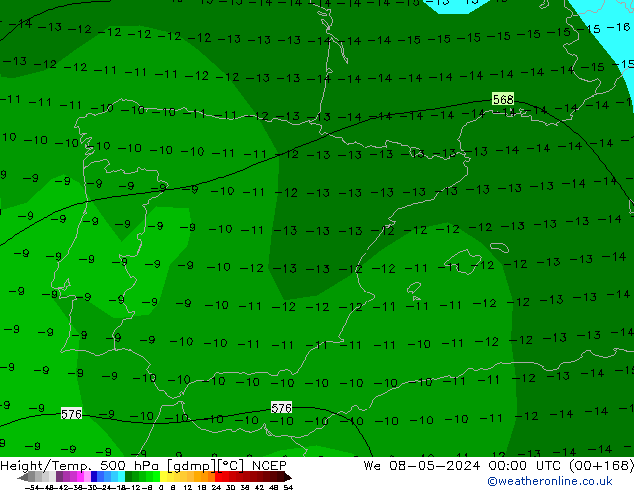 Hoogte/Temp. 500 hPa NCEP wo 08.05.2024 00 UTC