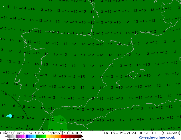 Height/Temp. 500 hPa NCEP gio 16.05.2024 00 UTC