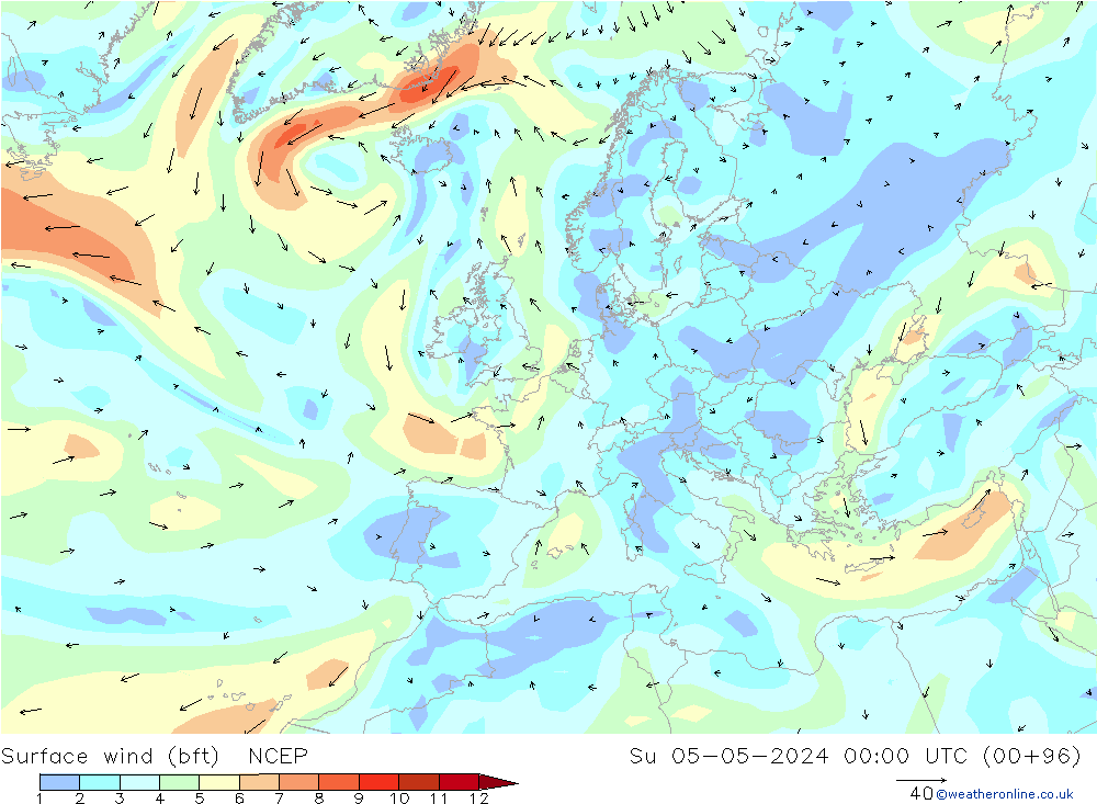 Surface wind (bft) NCEP Su 05.05.2024 00 UTC