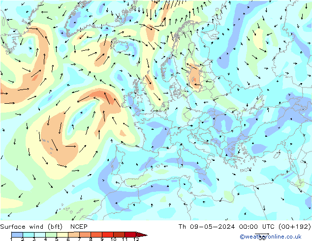 wiatr 10 m (bft) NCEP czw. 09.05.2024 00 UTC