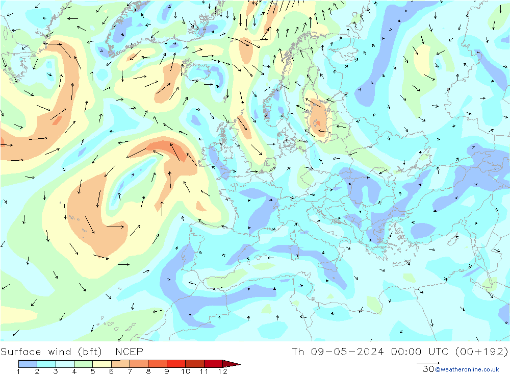 wiatr 10 m (bft) NCEP czw. 09.05.2024 00 UTC