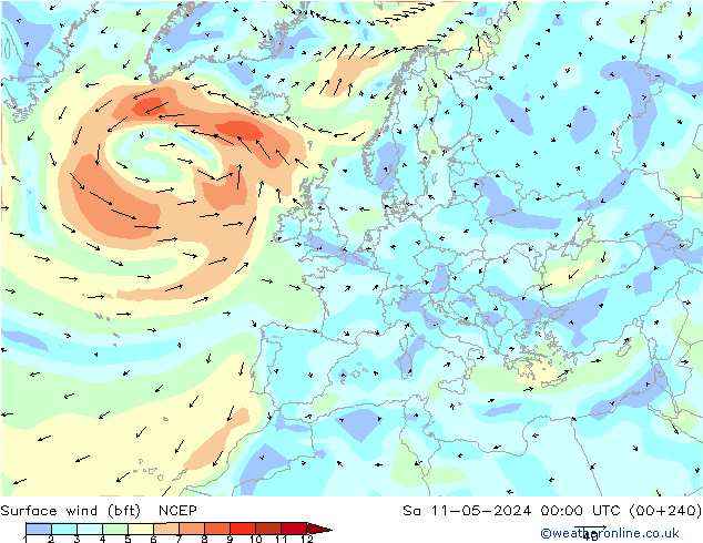 Surface wind (bft) NCEP Sa 11.05.2024 00 UTC