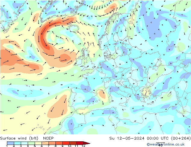 wiatr 10 m (bft) NCEP nie. 12.05.2024 00 UTC