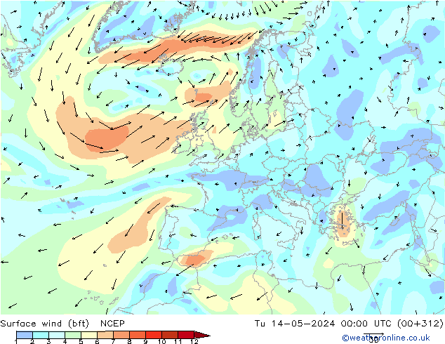 Surface wind (bft) NCEP Út 14.05.2024 00 UTC