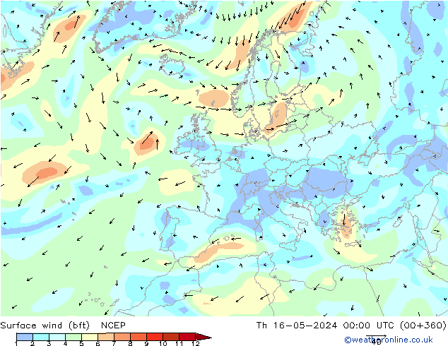 Surface wind (bft) NCEP Čt 16.05.2024 00 UTC