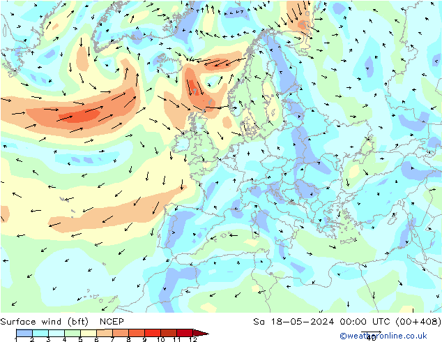 Vent 10 m (bft) NCEP sam 18.05.2024 00 UTC