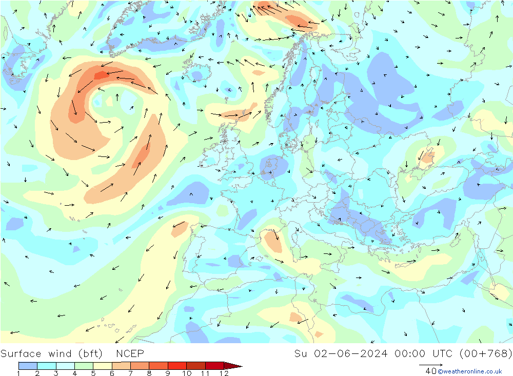 Bodenwind (bft) NCEP So 02.06.2024 00 UTC