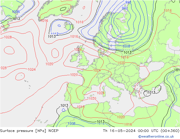 Pressione al suolo NCEP gio 16.05.2024 00 UTC