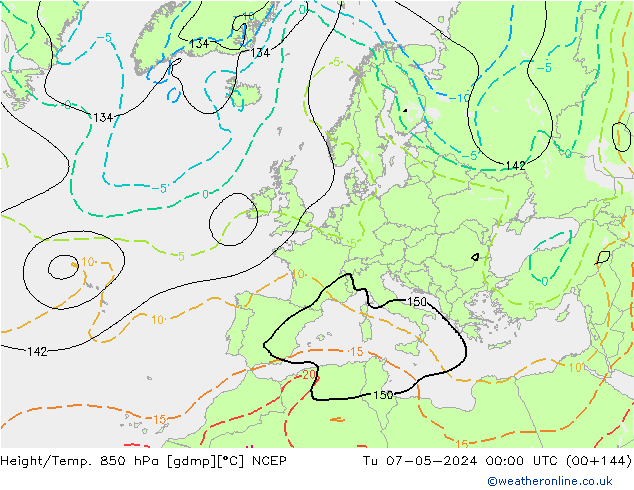 Height/Temp. 850 гПа NCEP вт 07.05.2024 00 UTC