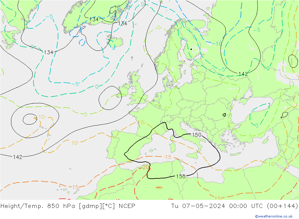 Hoogte/Temp. 850 hPa NCEP di 07.05.2024 00 UTC