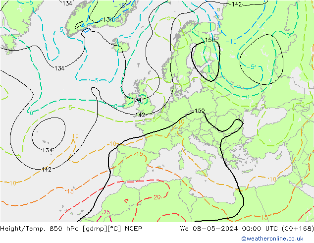 Hoogte/Temp. 850 hPa NCEP wo 08.05.2024 00 UTC