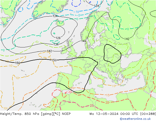 Height/Temp. 850 hPa NCEP pon. 13.05.2024 00 UTC