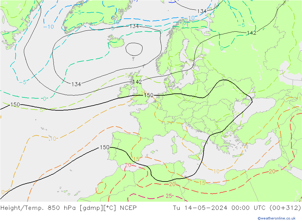 Height/Temp. 850 hPa NCEP Tu 14.05.2024 00 UTC