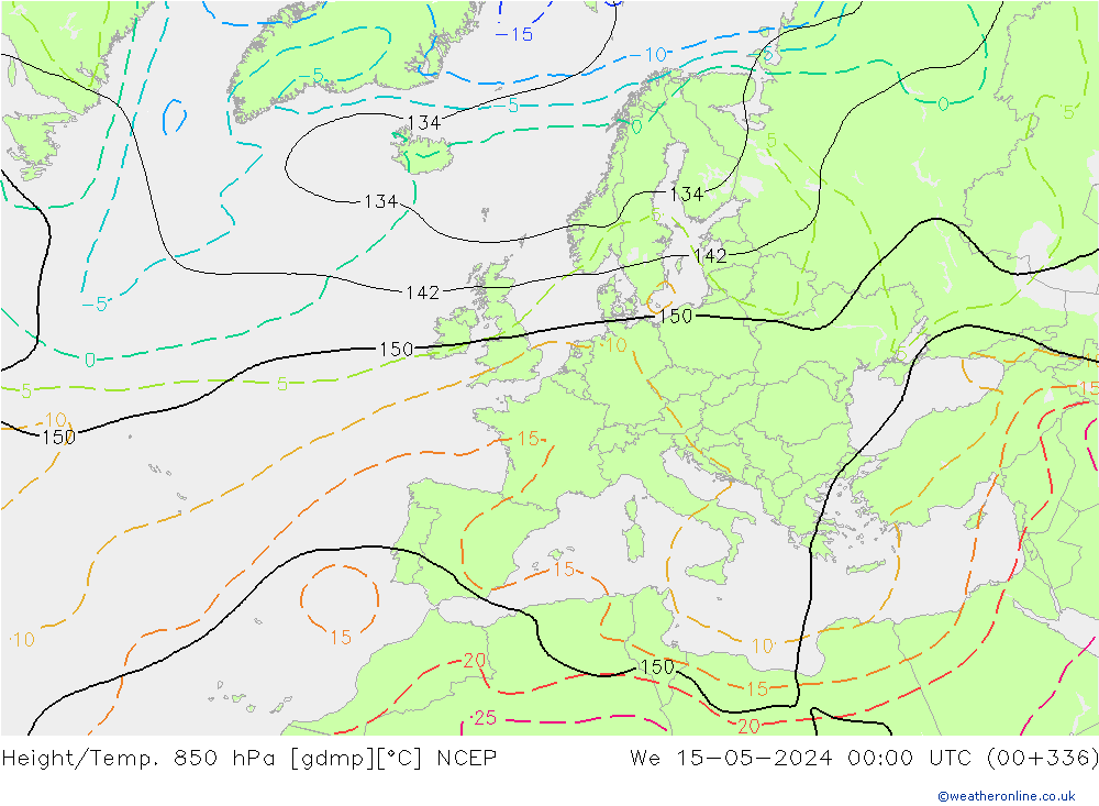 Hoogte/Temp. 850 hPa NCEP wo 15.05.2024 00 UTC