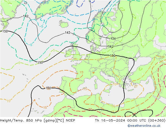Hoogte/Temp. 850 hPa NCEP do 16.05.2024 00 UTC
