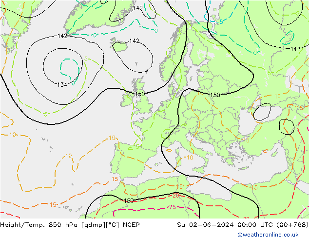 Yükseklik/Sıc. 850 hPa NCEP Paz 02.06.2024 00 UTC