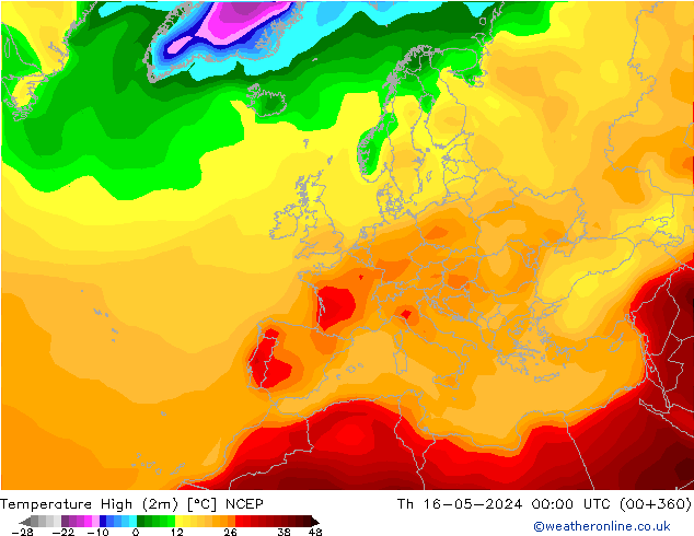 Nejvyšší teplota (2m) NCEP Čt 16.05.2024 00 UTC