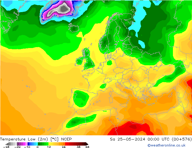 Min. Temperatura (2m) NCEP so. 25.05.2024 00 UTC