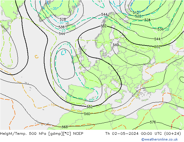 Height/Temp. 500 hPa NCEP 星期四 02.05.2024 00 UTC