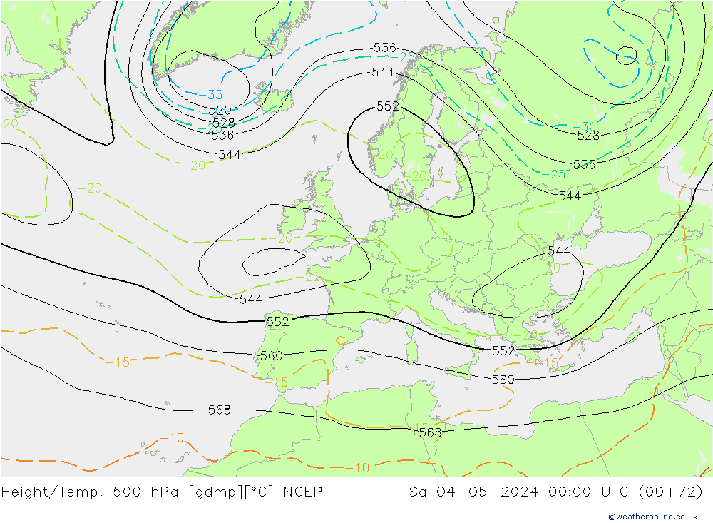 Hoogte/Temp. 500 hPa NCEP za 04.05.2024 00 UTC