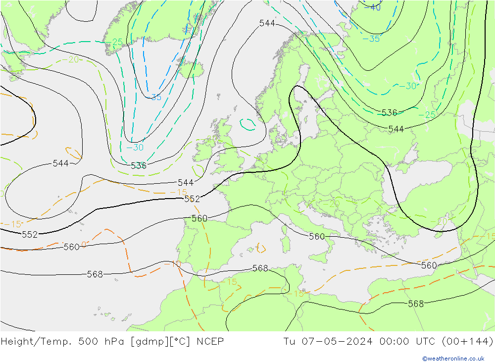 Height/Temp. 500 hPa NCEP Út 07.05.2024 00 UTC