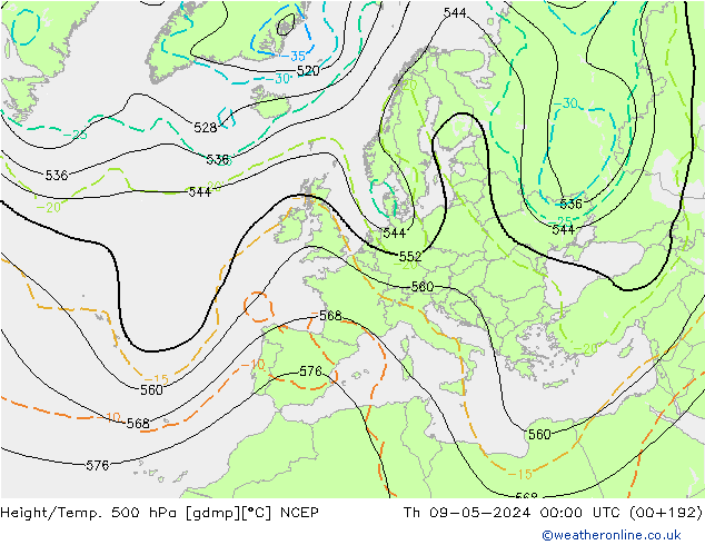 Hoogte/Temp. 500 hPa NCEP do 09.05.2024 00 UTC