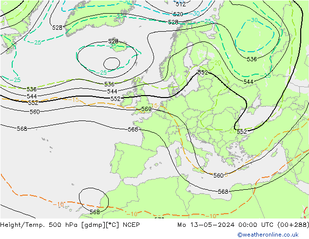 Hoogte/Temp. 500 hPa NCEP ma 13.05.2024 00 UTC