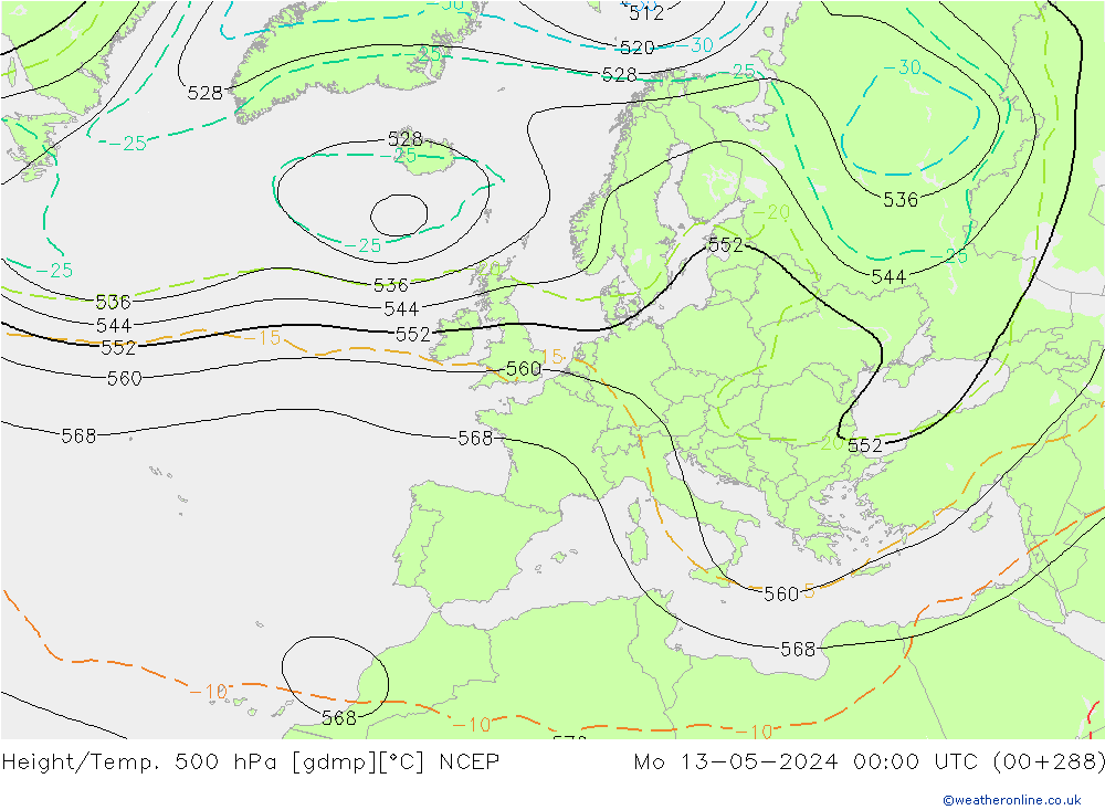 Height/Temp. 500 hPa NCEP Mo 13.05.2024 00 UTC
