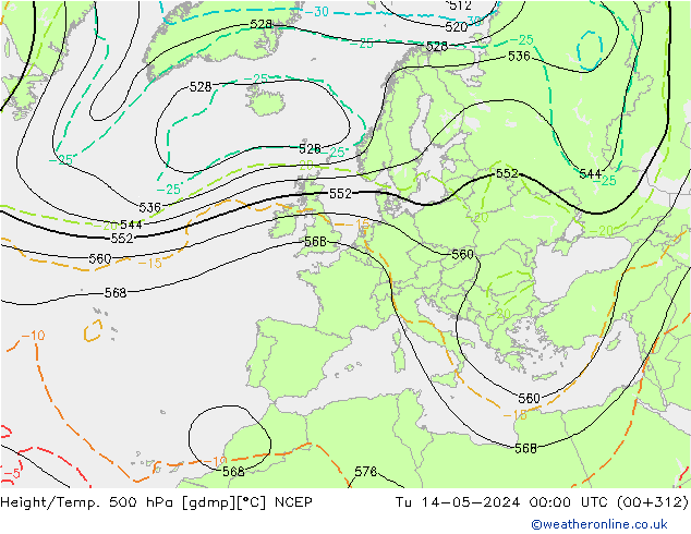 Height/Temp. 500 hPa NCEP wto. 14.05.2024 00 UTC