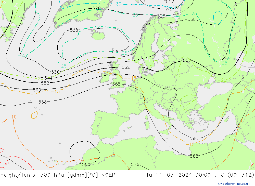 Hoogte/Temp. 500 hPa NCEP di 14.05.2024 00 UTC