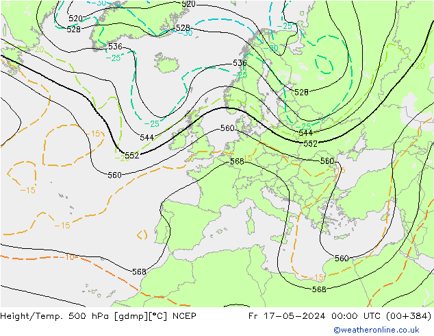 Hoogte/Temp. 500 hPa NCEP vr 17.05.2024 00 UTC
