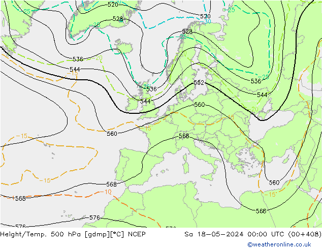 Height/Temp. 500 гПа NCEP сб 18.05.2024 00 UTC