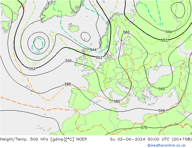 Hoogte/Temp. 500 hPa NCEP zo 02.06.2024 00 UTC