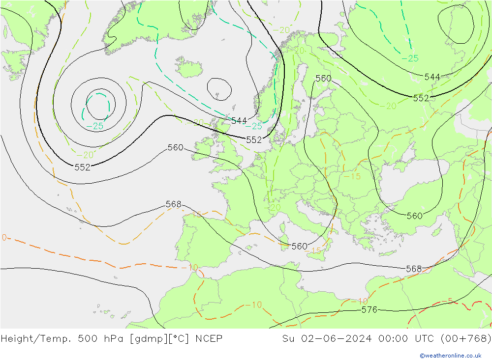 Height/Temp. 500 hPa NCEP So 02.06.2024 00 UTC