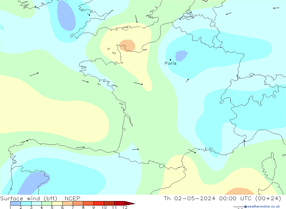 Surface wind (bft) NCEP Čt 02.05.2024 00 UTC