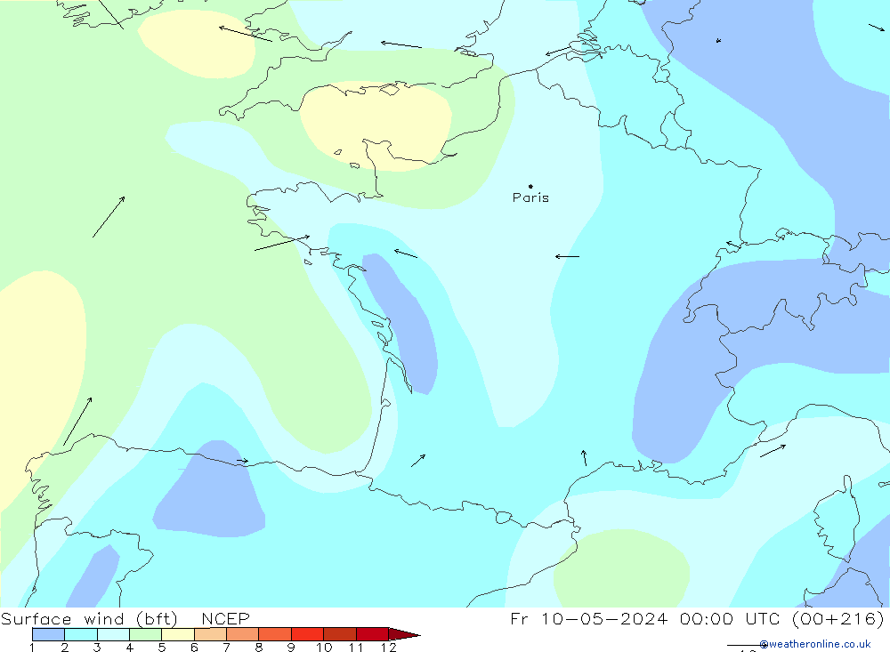 Rüzgar 10 m (bft) NCEP Cu 10.05.2024 00 UTC