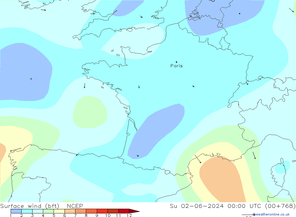 Bodenwind (bft) NCEP So 02.06.2024 00 UTC