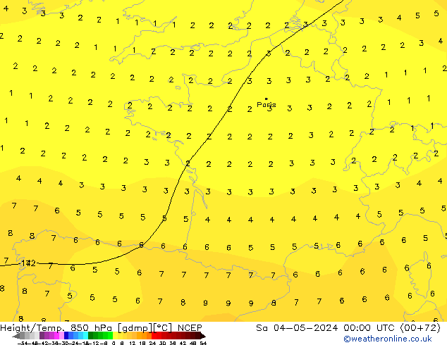 Hoogte/Temp. 850 hPa NCEP za 04.05.2024 00 UTC