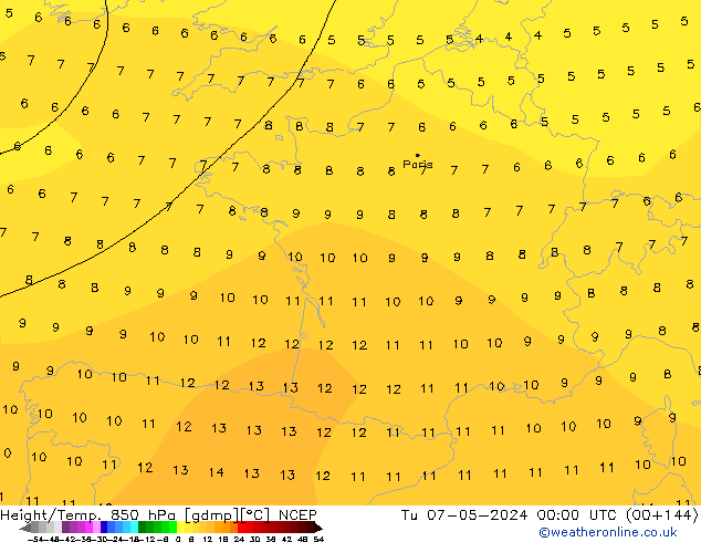 Hoogte/Temp. 850 hPa NCEP di 07.05.2024 00 UTC