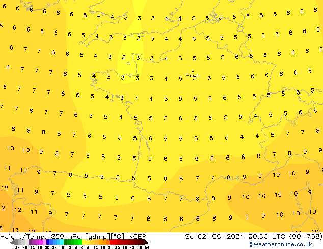 Hoogte/Temp. 850 hPa NCEP zo 02.06.2024 00 UTC