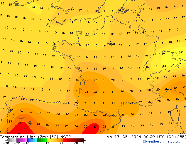 Temp. massima (2m) NCEP lun 13.05.2024 00 UTC