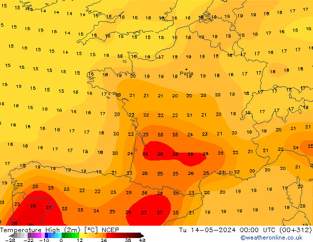 Temperature High (2m) NCEP Tu 14.05.2024 00 UTC